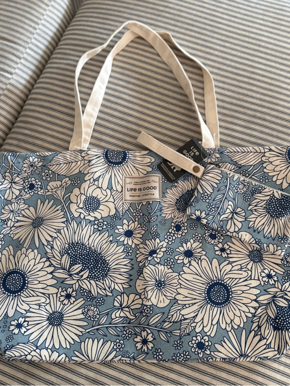 Life Is Good Blue and White Floral Canvas Tote NWT